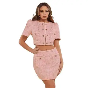 "COCO" PINK TWEED TWO PIECE SET, CROP TOP & MINI SKIRT