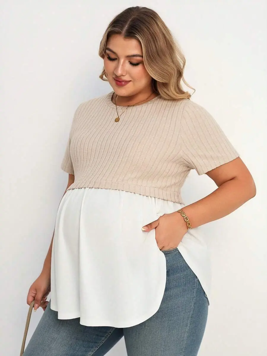 [FREE SHIPPING] Plus Size Maternity Contrast Color Round Neck Short Sleeve Casual Top Brunch