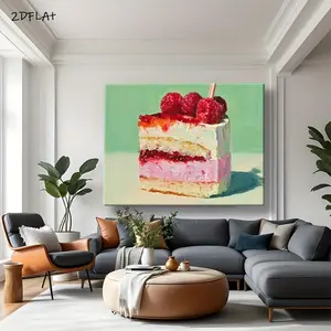 2D Flat, Pink & White Layered Cake Framed Canvas Wall Art - Mint Green Background Strawberry Shortcake-Inspired, Ready-to-Hang Pastel Decor for, Wedding, Housewarming Gift - izable Size & Design  (Indoor Use), 2D Flat