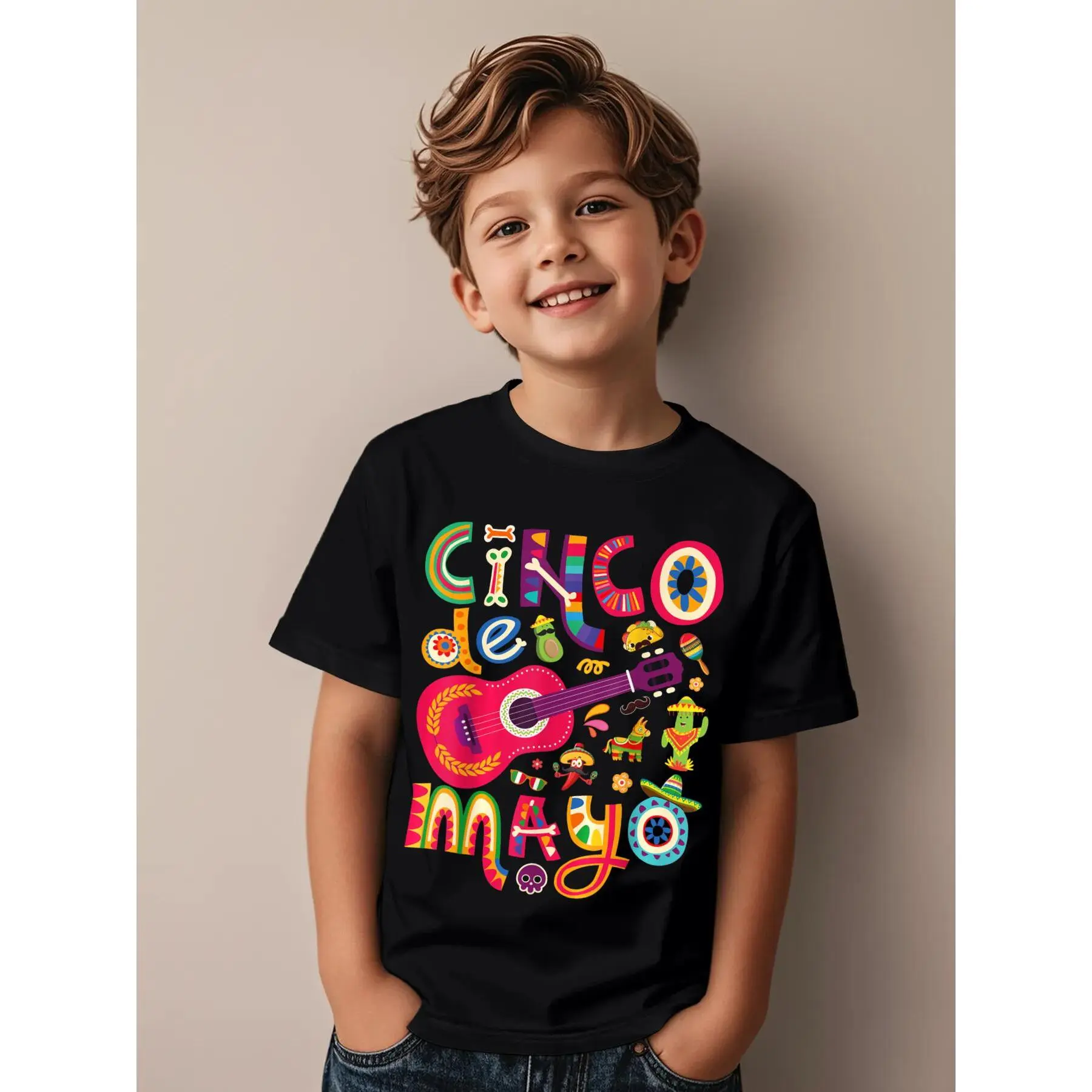 Cinco de Mayo Mexican Taco Guitar Fiesta Cinco de Mayo Funny Aesthetic Graphic Kid T-Shirt Casual Kid T Shirts Street Style Tops Tees for Kid