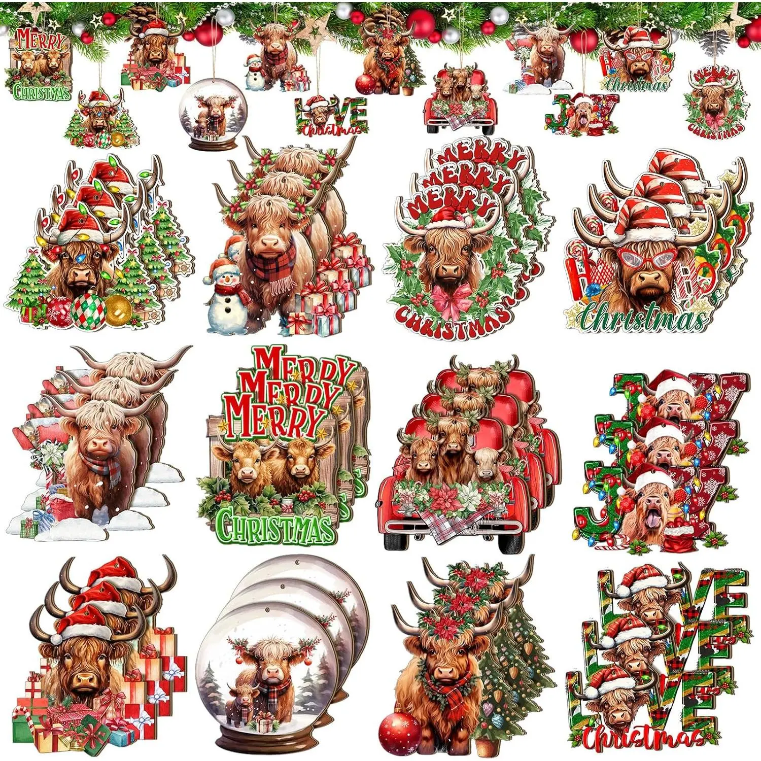 36 count Christmas Highland Cow Ornaments for Tree Wooden Highland Cow Christmas  Decoration Set for Xmas Tree  Crafts Holiday Decor Xmas Party Supplies