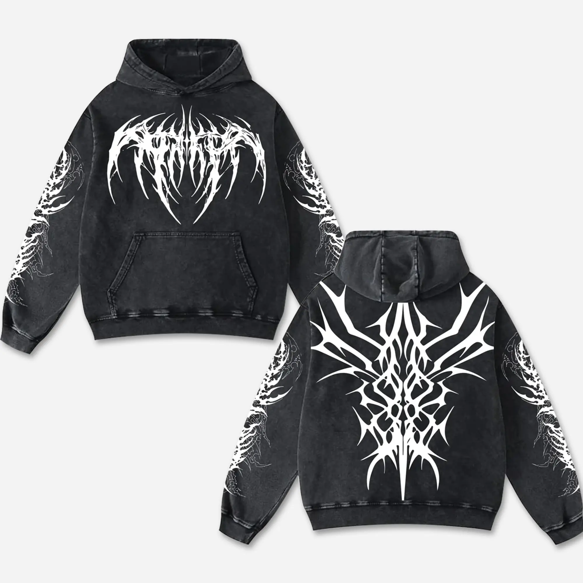 Retro Pale Monarch Washed Black Gothic Hoodie Cotton With Demon Tribal, Dark Streetwear Graphic Shirt, Dark Art Clothing Motorcycle Motorbike Supermotor Fan Gear