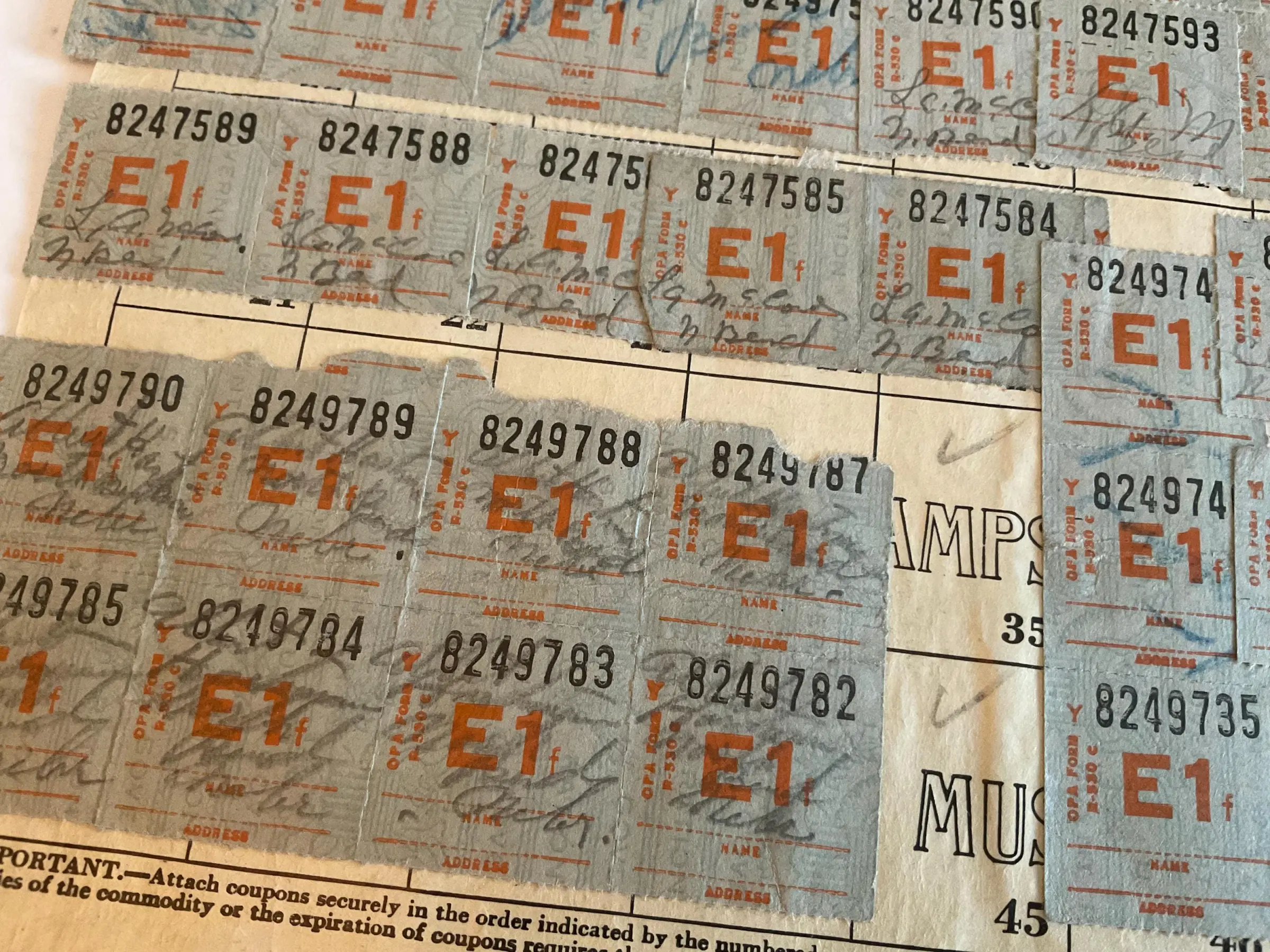 Vintage WWII Gasoline Ration Sheet | 1940s OPA Ephemera with E1 Stamps | Authentic Home Front Document with Handwriting