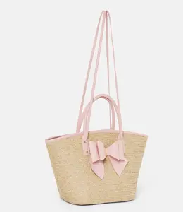 Veronika Pink Straw Tote Bag with Vegan Leather Bowtie Detailing