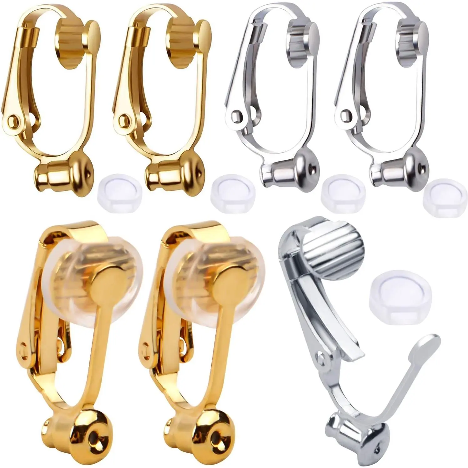 12-Piece Clip-On Findings for Non-Pierced Ears, Silver & Gold Brass Post Earring Components with Silicone Earring Cushions