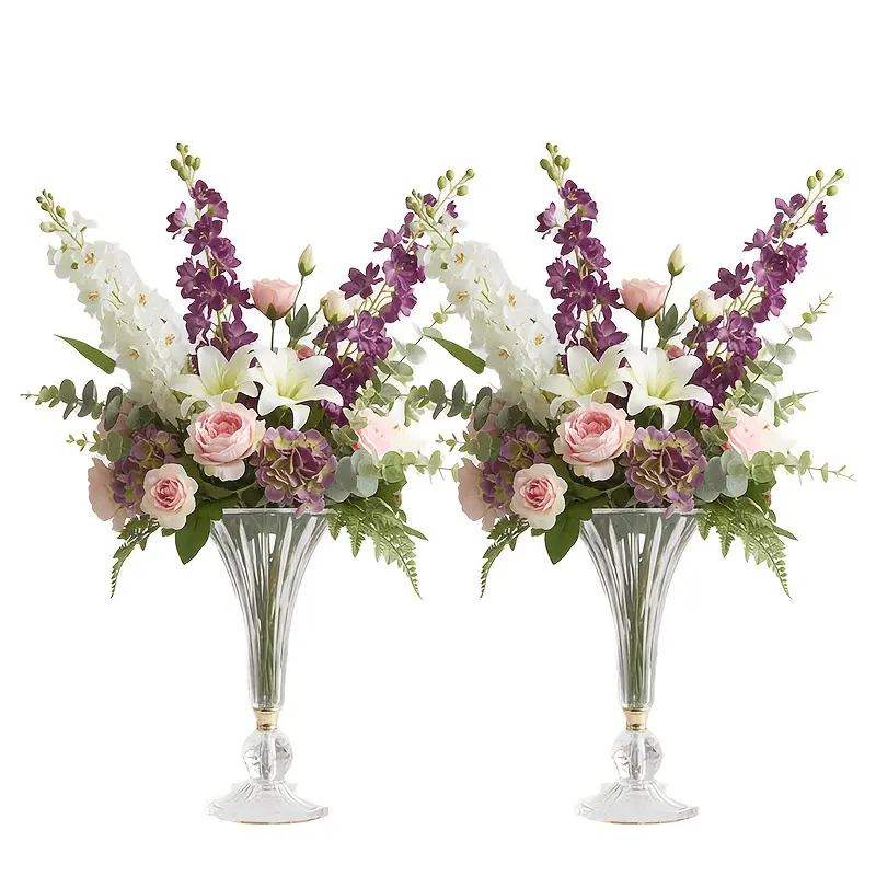 Set of 2 clear acrylic trumpet vase wedding table centerpieces — gold-trimmed decorative flower vase for home, parties, anniversaries, dining room and living room decoration; shatterproof; elegant floral display stand