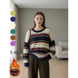 Women’s off-shoulder sweater with color-blocked striped print, autumn–winter casual long-sleeve crewneck pullover, fashionable women’s knitwear for everyday wear GARMENTARY