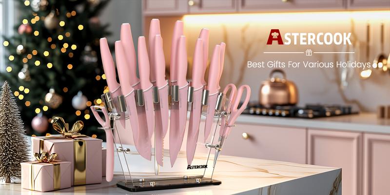 [Pink Iron Throne] Astercook 17-piece kitchen knife set high carbon stainless steel sharp serrated steak knife, chef knife, bread knife and scissors knife pink cutlery cutting Kitchenware Pastel ValentinesDay