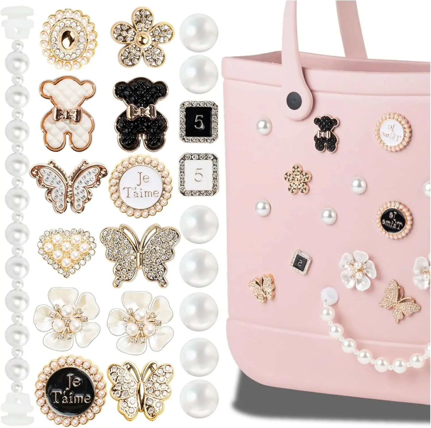 Lovely Pearl Charms for Rubber Beach Bag Accessories, Elegant Pearl Insert Decorations for Rubber Beach Totes, Cute Charms Buttons for Large Open Totes Travel Bags
