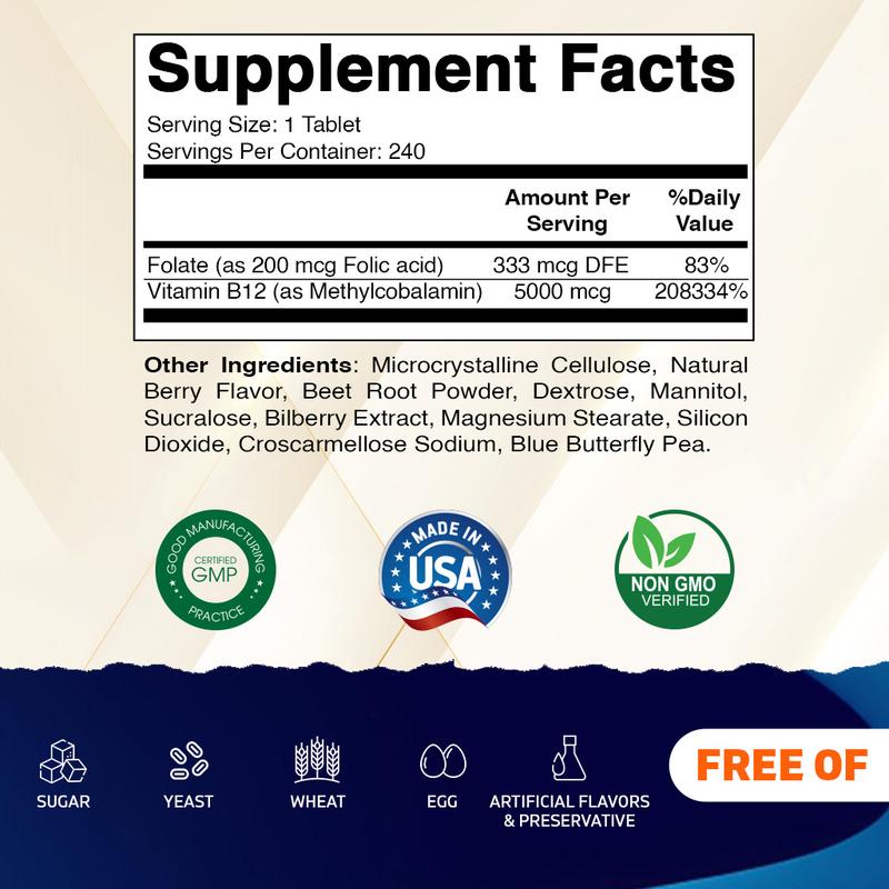 Vitamatic Methyl B12 5000 mcg - Natural Berry Flavor - 240 Fast Dissolve Tablets - Methylcobalamin & Folic Acid for Energy & Nervous System Support - USA Made