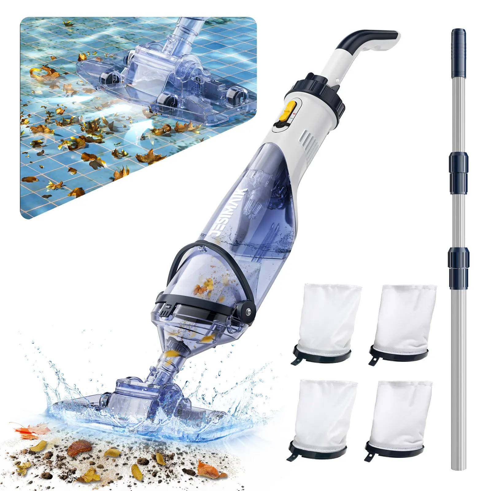 JESIMAIK Cordless Handheld Pool Vacuum 40W Motor 18.5 GPM Powerful Suction 60 Min Runtime 87.5in Telescopic Pole Transparent Dual Head 2in1 Scrub/Vacuum 300+500 Mesh Clean Dual Filtration Batteries Included for Inground Pools Spas