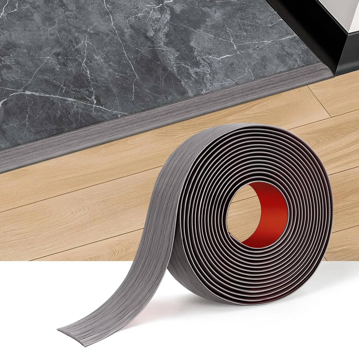Floor Transition Strip Vinyl Self Adhesive Threshold Strip Carpet Edge Wood to Tile Laminate Flooring Gaps and Doorway Floor Cover Flat Divider Peel and Stick Trim (Gray Wood, 5cm, 10FT)