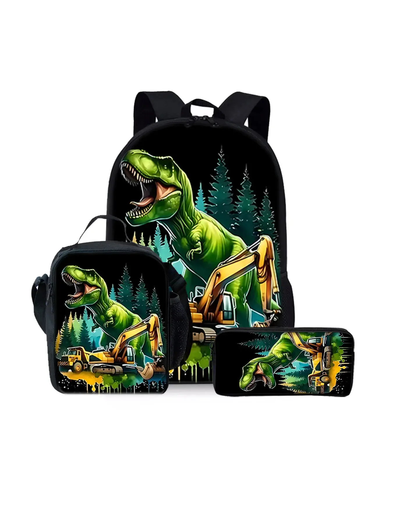 17-inch Dinosaur Pattern Printed School Backpack 3-Piece Set - Single-Layer Backpack, Shoulder Strap Lunch Bag, Single-Layer Pencil Case