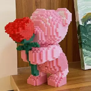 Bear with Rose Building Blocks Toy, Creative Blocks Building Toy, Romantic Bear Holding Rose, Birthday Gift for Couple and Parents, Building Sets, Building Block Model, Flower Bricks
