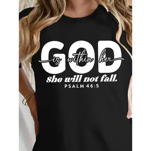 1pc Women's Inspirational Cotton T-Shirt - "God is Within Her" Psalm 46:5 Letter Print, Black with White Text, Casual Crew Neck Short-Sleeve Top, All-Season Knit Fabric, Machine Washable Tee, Everyday Clothing, Religious Quote Shirt