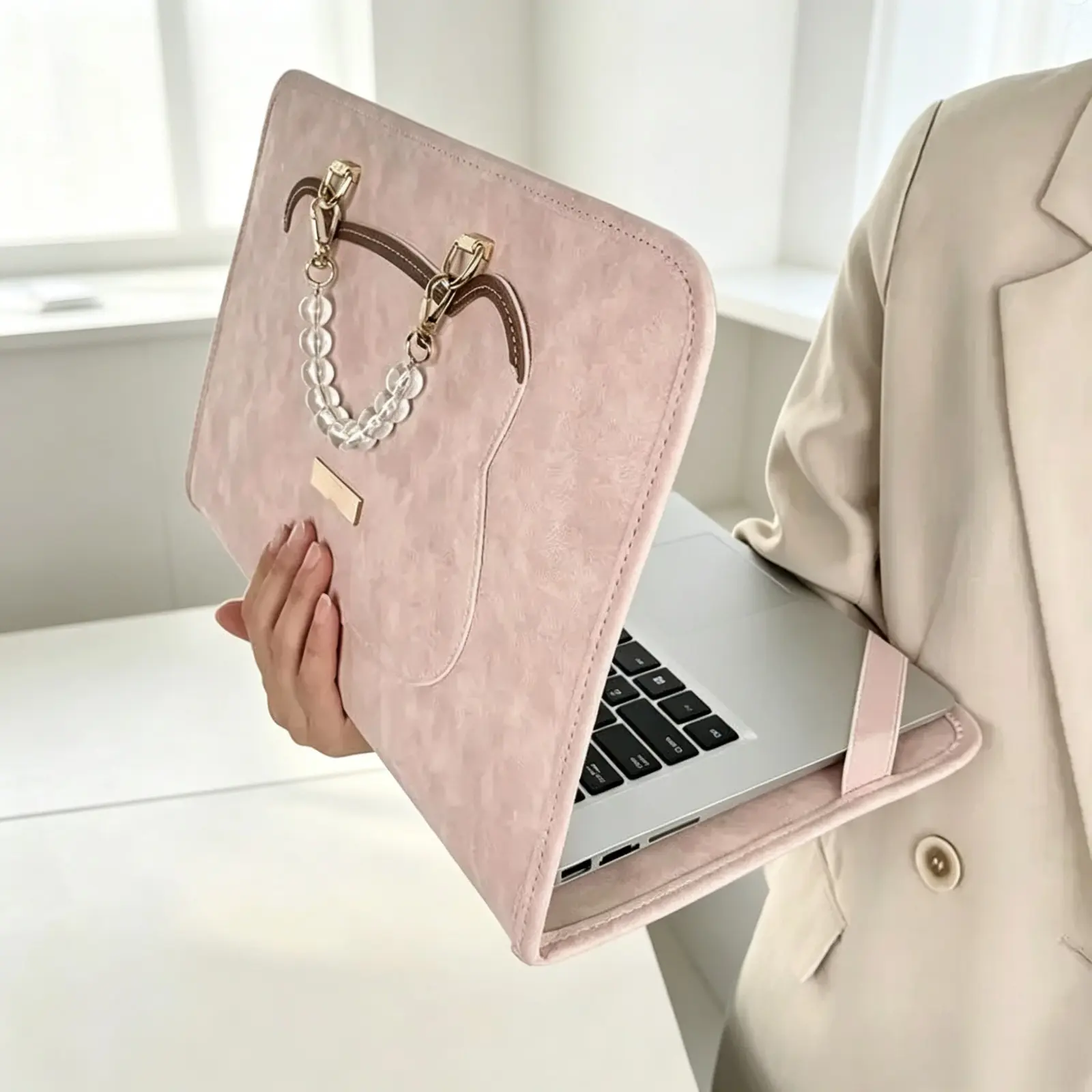 Women’s Chic Faux Suede Laptop Tech Sleeve - Ultra-Soft Silky Lightweight Protective Cover with Pearl Chain Charm Handle, Stretchy Stylish Pouch for Office, Travel (Sports & Outdoor Compatible Student Work Computer Bag with Chic Look)