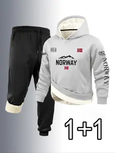 Men's Fall Winter Warm 2-Piece Set, Lamb Fleece Hoodie + Drawstring Pants, Norway Flag Print, Zipper Pocket Design, Casual Outdoor Wear