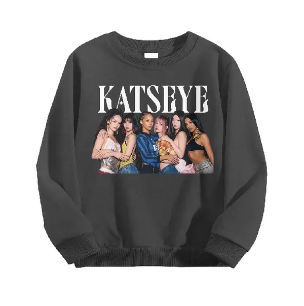 Kids' Fashion Katseye Tour Art Crew Neck Sweatshirt, Size 90-130, Loose Fit Long Sleeve Pullover, Casual Sports Fan Gift Top