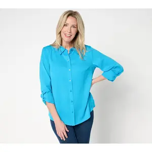 Isaac Mizrahi Live! Crinkle Button Front Shirt with Roll Tab Sleeves