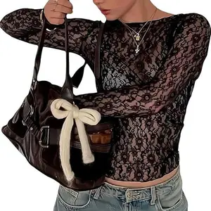 Sheer Long Sleeve Lace Top for Women See Through Crop Top