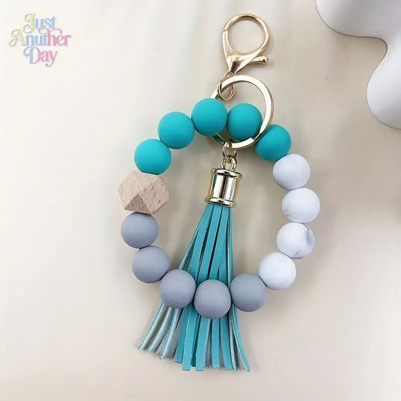 Cute Keychains Silicone Beaded Wristlet for Camping & Hiking, Food-Grade Silicone Beads, Polygonal Beech Wood Accent, PU Tassel, Dual Elastic Ropes, Stainless Steel Keyring, Lobster Clasp, Lightweight Boho Accessory, Perfect Gift for Women