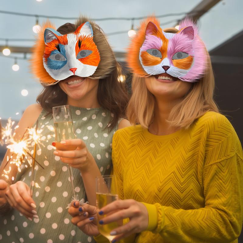 37Pcs Therian Mask DIY Set White Cat Mask Base with Faux Fur Eye Mesh Whiskers and Painting Tools for Costume Party Cosplay Halloween Costume fnaf  mask Felt Kit