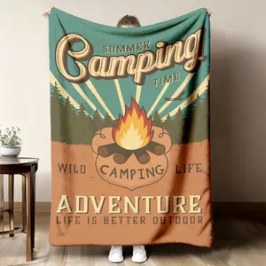 2026 New Arrivals 1pc Best Camping Flannel Blanket Extra Thick Allseason Soft Throw with Camping Graphics (Flames, Pine Trees, Summer Camping Time) Teal Blue, Brown, Orange Outdoor & Indoor Use Perfect Gift