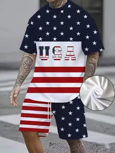 Men's 2-Piece Set, 3D Gradient Print Casual Round Neck Tee and Shorts, Polyester Knit Fabric, Slight Stretch, Summer Wear
