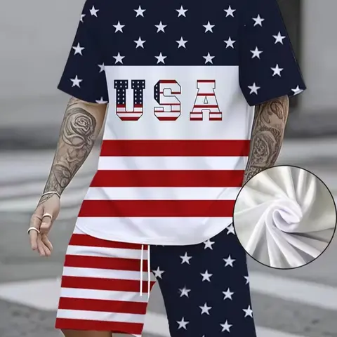 Men's 2-Piece Set, 3D Gradient Print Aesthetic Casual Round Neck Tee and Shorts, Polyester Knit Fabric, Slight Stretch, Summer Wear