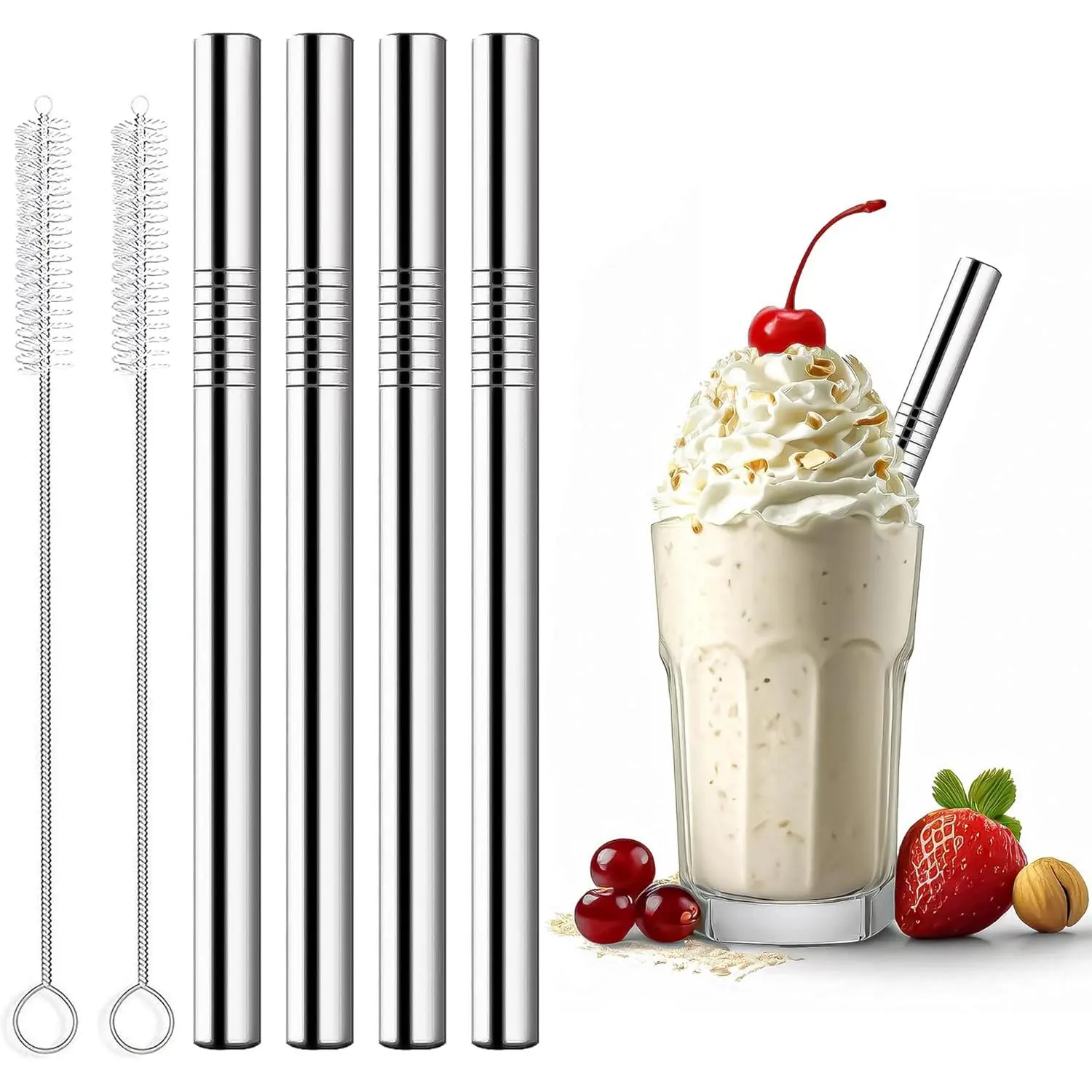 Stainless Steel Smoothie Straws, 0.4'' Extra Wide  Metal Drinking Straws for Milkshake, Smoothie, Bubble , Juice, Beverage, Set of 4 with 2 Cleaning Brush