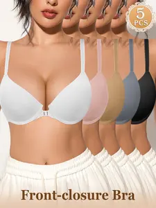 5PCS Women's Lingerie Seamless Smooth Front Closure Bra,Add Cup Underwire Push Up T-shirt Bra,Soft Breathable,Adjustable Straps,Slimming Daily wear Plunge