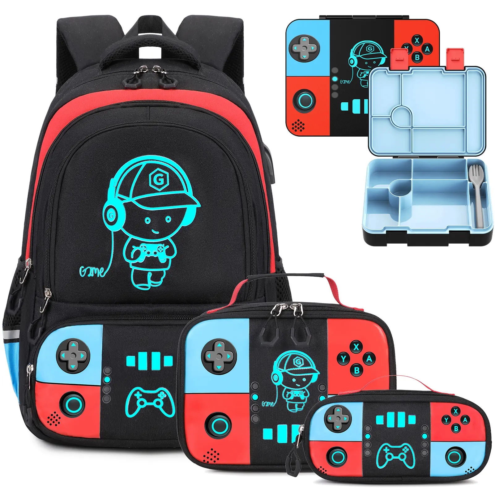 SIMILOVE Game Theme Gamer Backpack Set - Cool Glow-in-Dark Nylon School Bag with USB Port, Lunch Box, Pencil Case for 1-2 Target Groups (Back to School Shopping, Boys, Boy Gifts Party Gift Option)