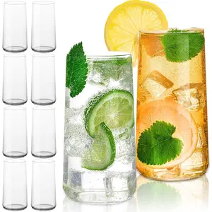 18 oz Drinking Glasses with Straws, Set of 8 Highball Glasses, Avant-garde Modern Minimalist Design Tall Water Glasses, Lightweight Crystal Glass cups, Cocktail Glass, Bar Glassware set Tumbler Bottles Thin Drinkware