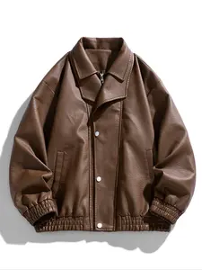 Men's Oversized Leather Jacket Vintage Motorcycle Style, Casual Loose-Fit Woven Fabric, Fashion Outerwear for Spring & Fall Seasons