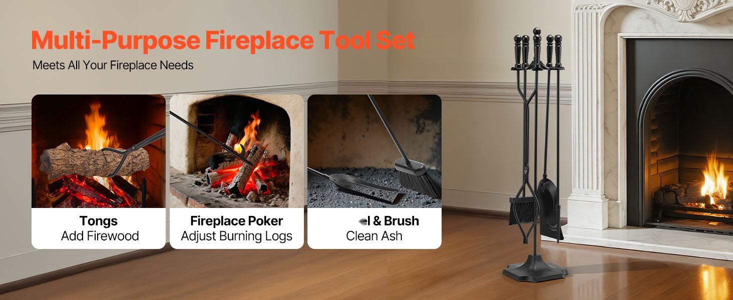 Fireplace Tool Set 5-Piece With Stand And Holder, Tongs, Shovel, Brush, Poker, Five-Prong Stand, Wrought Iron Fireplace Accessories For Indoor Outdoor Campfire Use, Black Durable Steel Construction With Easy-Grip Handles Fireplace Tool Set 5-Piece With Stand And Holder, Tongs, Shovel, Brush, Poker, Five-Prong Stand, Wrought Iron Fireplace Accessories For Indoor Outdoor Campfire Use, Black Durable Steel Construction With Easy-Grip Handles