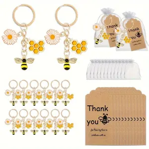 60pcs/20sets, Bee Theme Party Favors Kit, 20-Pack Daisy Keychains with 20 Thank You Tags and White Organza Gift Baggies for Birthday Partys & Shower / Teacher Appreciation Day (Thanksgiving Halloween Christmas)