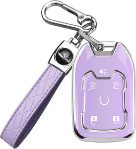 for GMC Key Fob Cover with Keychain, Soft TPU Full Protection Key Shell Key Case for 2016-2025 Chevy Chevrolet Suburban Tahoe GMC Yukon Acadia Terrain, 6 Buttons (Silver/Purple)