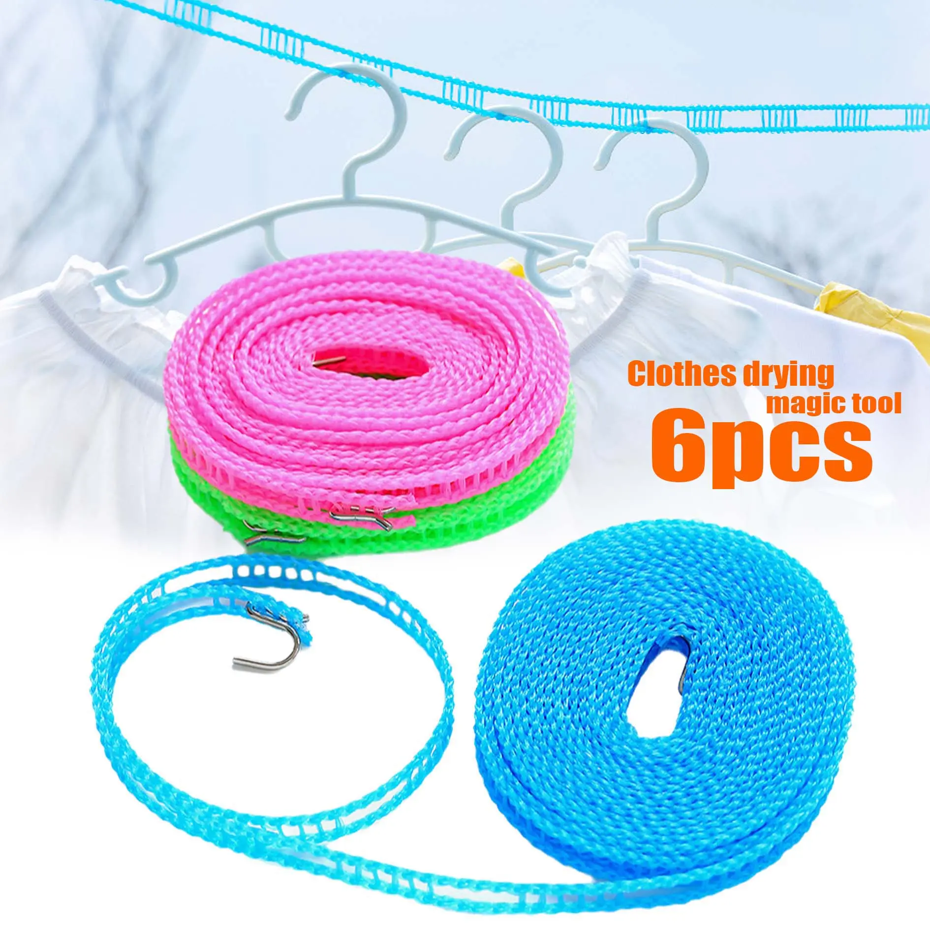 6-Pack Adjustable Windproof Clothesline,(5m/16.4ft) - Portable Telescopic Design, Essential for Outdoor Travel and Camping, Anti-Slip and Anti-Fall, Suitable for Drying Both Dry and Wet Clothes, Pink/Blue/Green Laundry