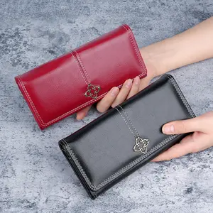 New stylish and simple women's soft leather long zipper wallet with multiple card slots and cute design
