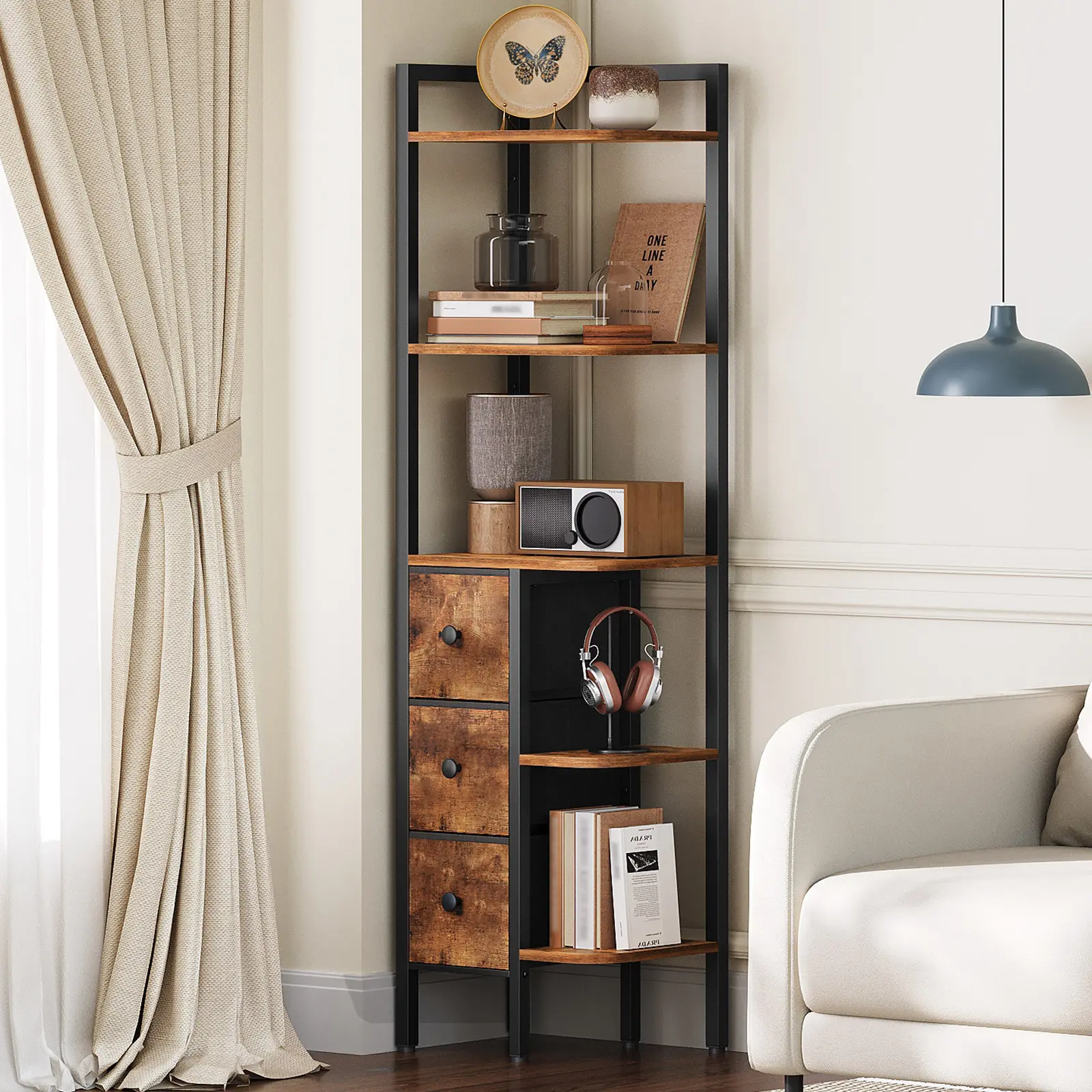 YATINEY Corner Shelf Stand, 5-Tier Corner Bookshelf with 3 Drawers, Industrial Display Shelf for Narrow Spaces, Wooden Small Bookcase, Easy Assembly, Rustic Brown and Black #SummerVibes#DealsforYouDays #SummerGarden