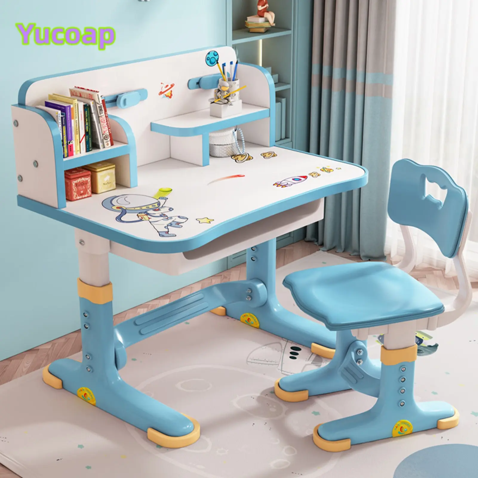 YUCOAP Kids Desk and Chair Set, Adjustable Height Study Table with Wide Desktop, Cartoon Design, Storage Drawer and Organized Compartments Wood Ergonomic