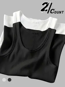 Men's 2-piece slim fit elastic ribbed vest, solid color pattern printed clothing, elastic ribbed fabric, tight fit to highlight muscle lines, suitable for gym training, daily commuting and layering, a choice for poker and street style enthusiasts