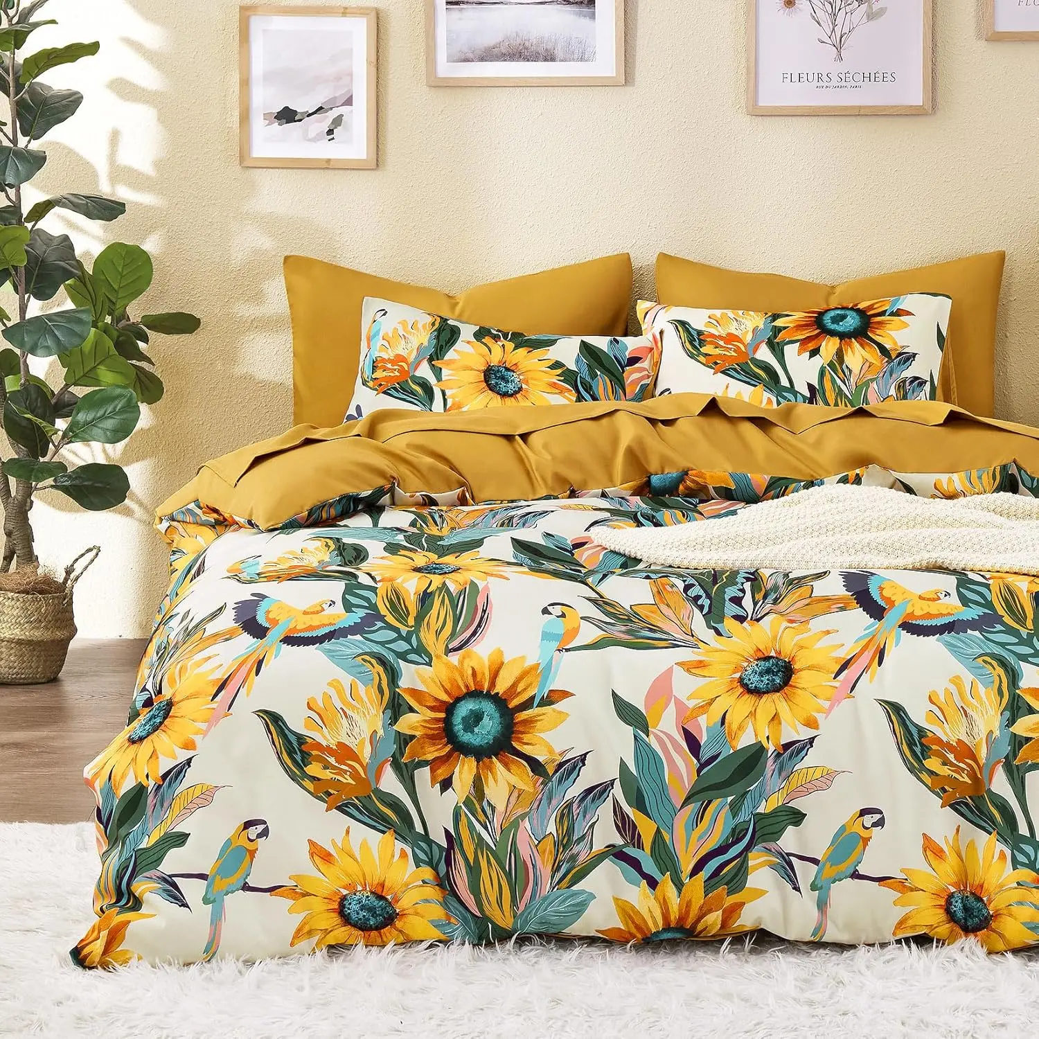 Queen Size 3-Piece Boho Duvet Cover Set, Amber Beige Floral Farmhouse Bedding with Colorful Sunflowers and Birds Pattern, Soft Lightweight