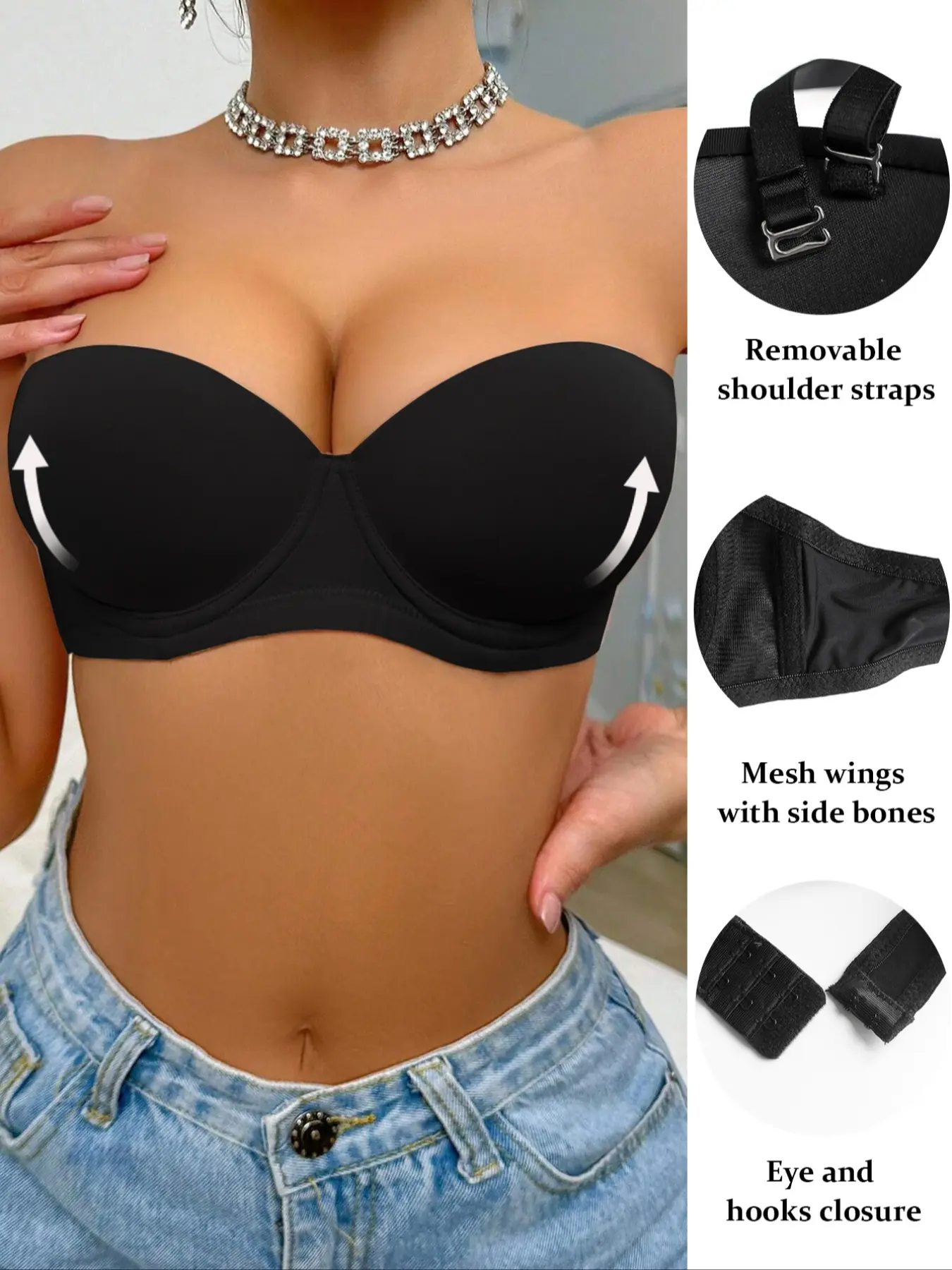 🔥Women's Strapless Push-Up Bra - Removable Straps, Mesh Wings with Side Bones, Ultra Support & Comfy. Perfect for Off-Shoulder Outfits, Boost Your Confidence!