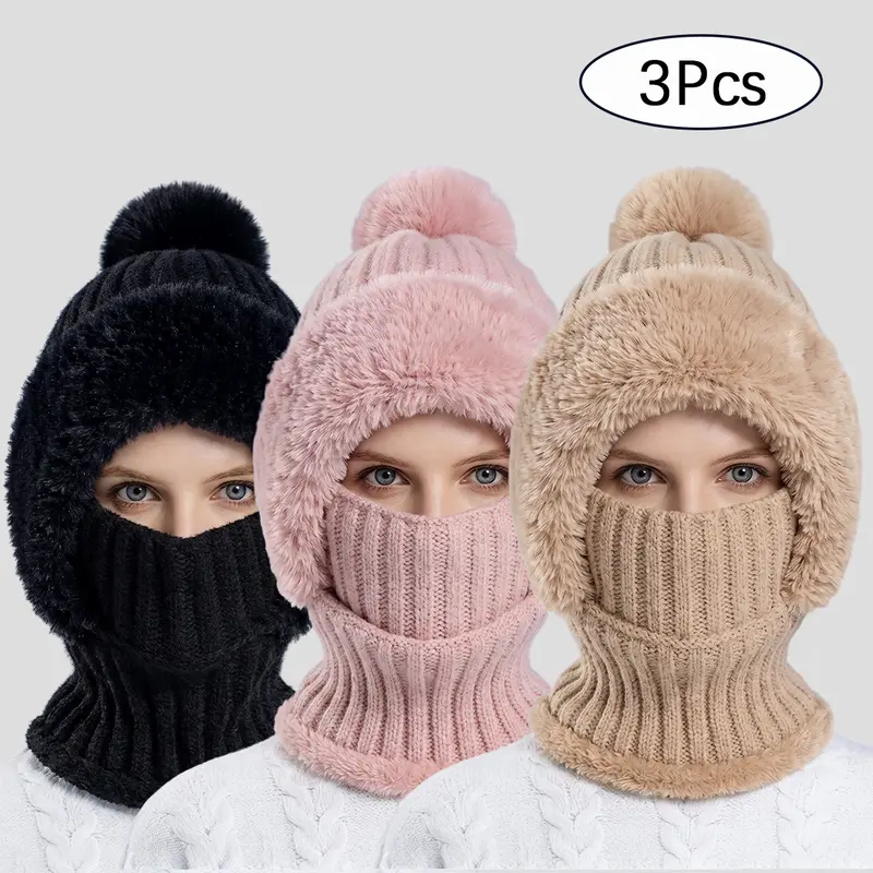 3PCS Women's Regular Solid Color Thick Yarn Bunny Beanie - Cute Pom Detail, Whimsy Furry Keep Warm Fall Winter Fashion Accessory, One Size, Gifts for Women