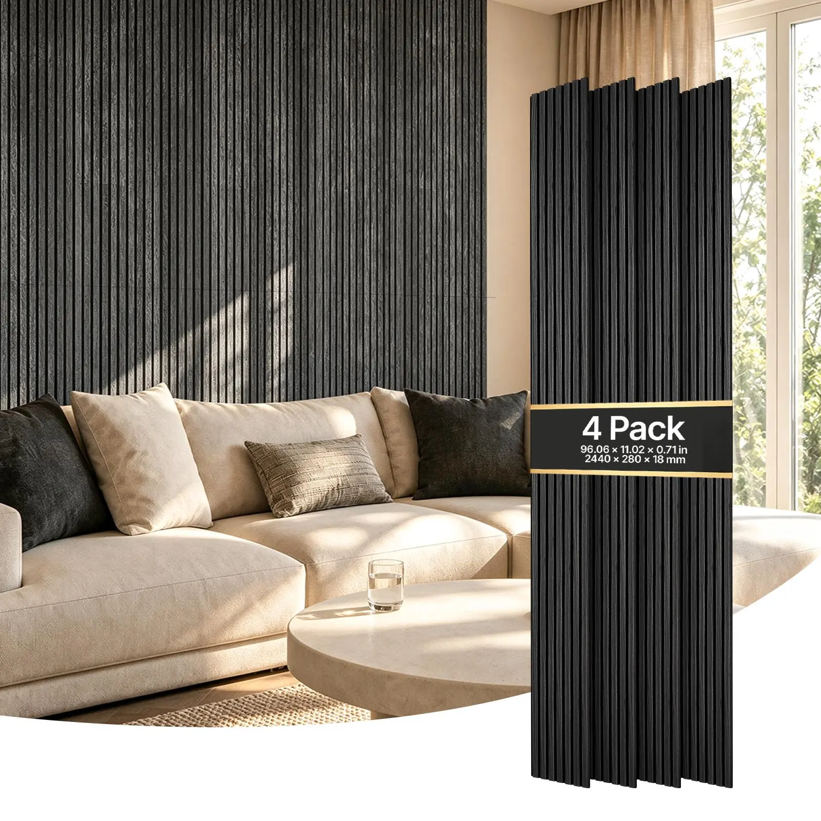 VEVOR Modern Acoustic Slat Wood Wall Panels, 4 Pack, 96x11 in, Black Oak, Sound Absorbing MDF & PET Panels, Interior Wall Decor with Screw Kit for Living Rooms, Offices