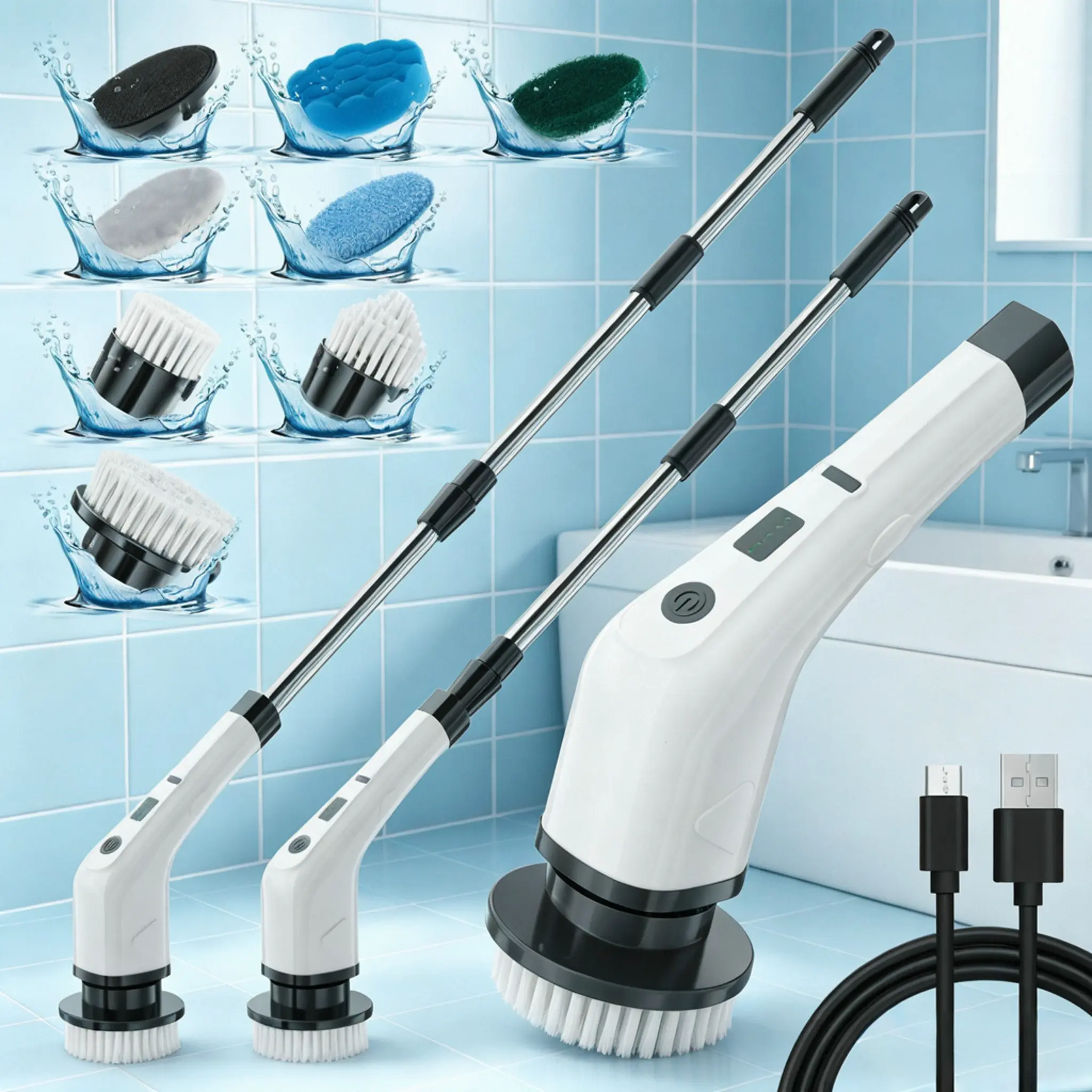 Super Electric Cordless Power Scrubber, USB Rechargeable Electric Spin Scrubber with 8 Replaceable Brushes, Fast Charging, Large Capacity Battery for Long Whole House Cleaning, Adjustable Handle for Bathtubs, Usb Rechargeable Scrubber