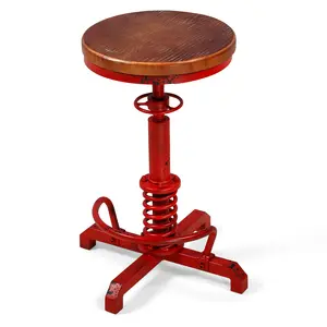 American Antique Steampunk Bar Stool 18.1"-22" Vintage Industrial Adjustable Swivel Backless Counter Stool for Home, Dining, Breakfast, Pub, (Heavy Duty Metal & Wood, Aged Red, Brown Top)
