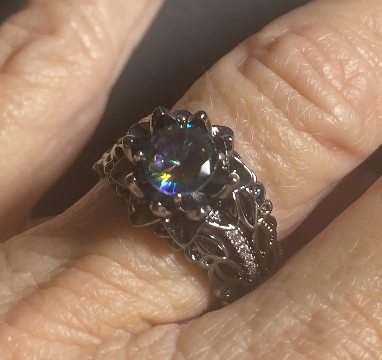 Black Lotus Ring Suit with Rainbow Cubi Zirconia - 3 Piece Set Size 7