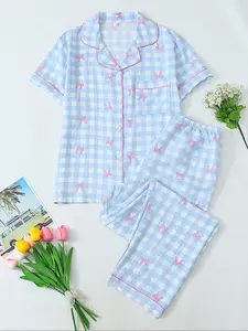 Women's Two-Piece Pajama Set, Casual Comfortable Lapel Pocket Woven Shirt Short Sleeve Print + Elastic Waist Home Pants, All-Season Sleepwear, Loungewear